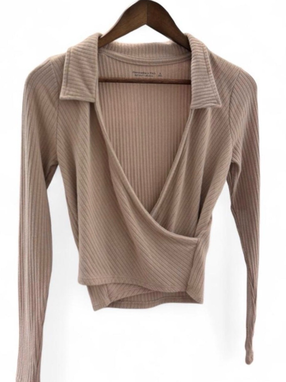 Abercrombie & Fitch Ribbed Wrap Long-Sleeve Top - Beige Minimalist Basics
